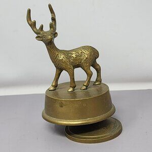 Vintage Brass Deer Carousel Wind Up Music Box Decorative Buck Stag